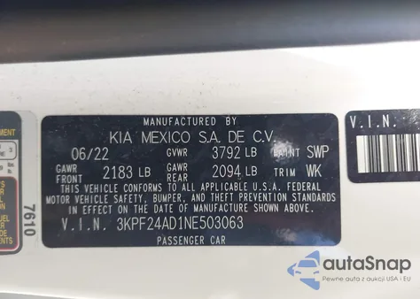 2022 Kia Forte Lxs z USA, uszkodzony, nr VIN 3KPF24AD1NE503063
